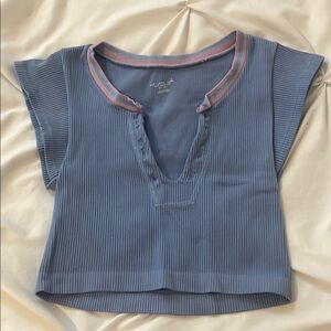 Urban Outfitters Blue and Pink Crop Top with Ribbed Texture